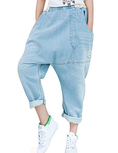 Youlee Frauen Patchwork Haremshose Zerstört Jeans Wide Leg Jeans Light Blue von Youlee