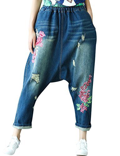Youlee Frauen Patchwork Haremshose Zerstört Jeans Wide Leg Jeans Style 3 Blue M von Youlee