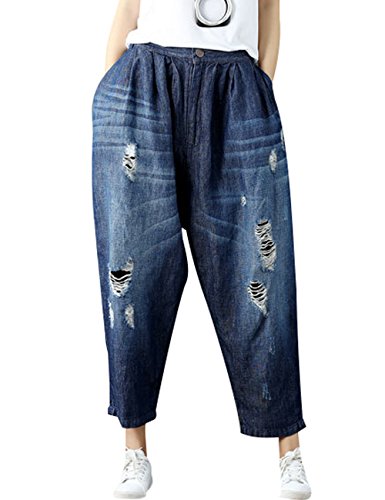 Youlee Frauen Patchwork Haremshose Zerstört Jeans Wide Leg Jeans Style 4 Deep Blue M von Youlee