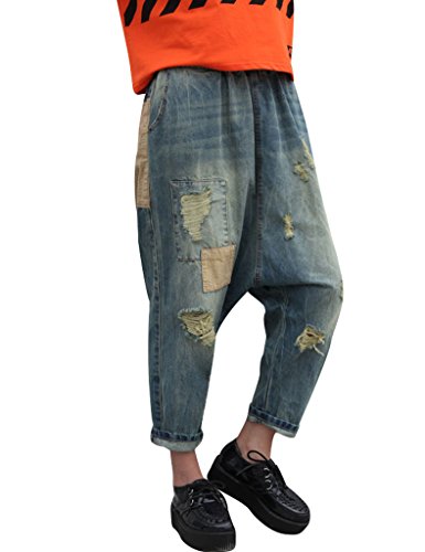 Youlee Frauen Patchwork Haremshose Zerstört Jeans Wide Leg Jeans Blue von Youlee