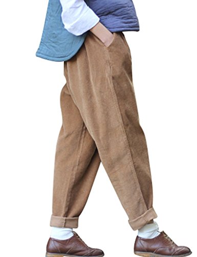 Youlee Frauen-elastische Taille Corduroy Hose mit Taschen Kaffee XL von Youlee