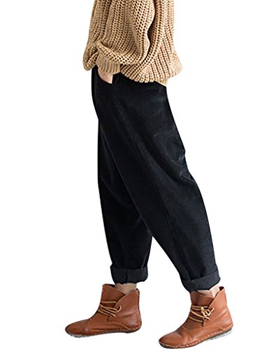 Youlee Frauen-elastische Taille Corduroy Hose mit Taschen Schwarz XXL von Youlee