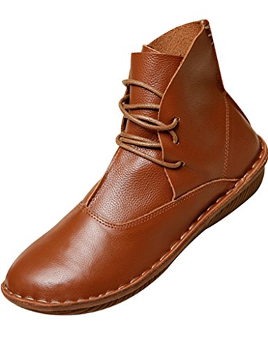 Youlee Frauen handgefertigt Round Toe Lederstiefel Lace-up-Stiefel Braun EU 35/CH 36 von Youlee