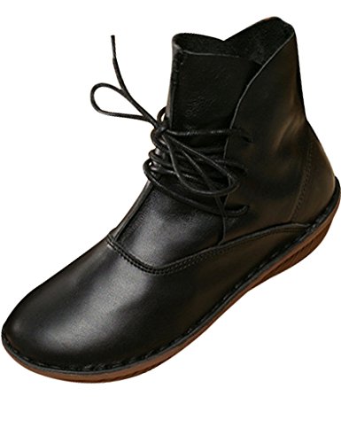 Youlee Frauen handgefertigt Round Toe Lederstiefel Lace-up-Stiefel Schwarz EU 40/CH 41 von Youlee
