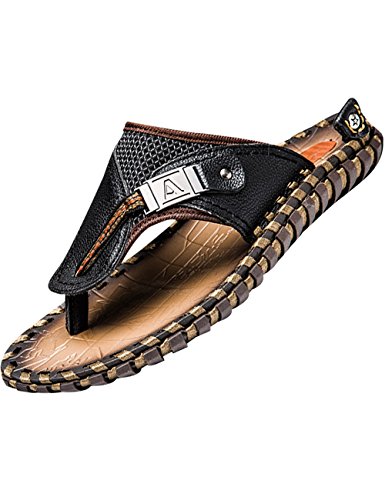 Youlee Herren Sommer Strandschuhe Flip Flops Leder Zehentrenner Sandalen Black EU 45 von Youlee