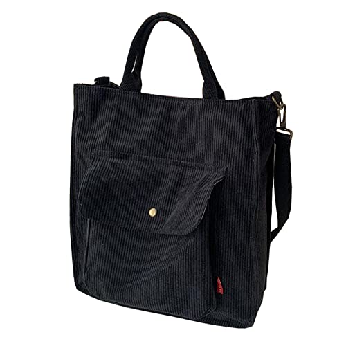 Youlity Damen Cord Tote Bag Umhängetasche Cord Tasche mit Reißverschlus und Außentasche Retro Schultertasche Handtasche Henkeltasche Stofftasche Schultaschen (Schwarz) von Youlity