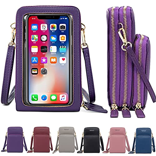 Youlity Handy Umhängetasche Damen Touchscreen Crossbody Kleine Tasche Handytasche Zum Umhängen Leder Schultertasche 3 Reißverschluss Beutel mit Vielen Fächern Kartenfach Geldbörse (Lila) von Youlity