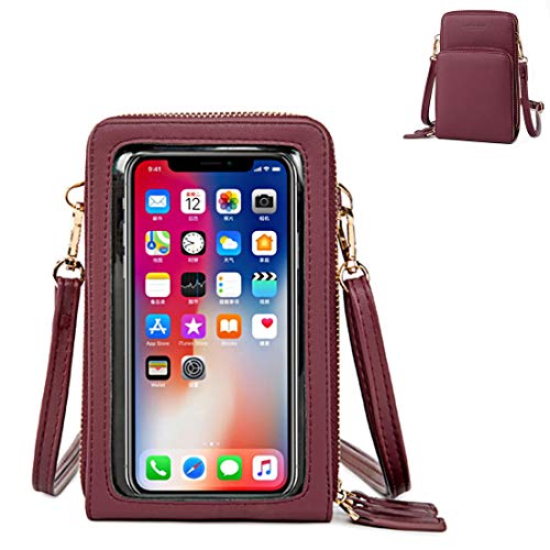 Youlity Handy Umhängetasche Damen Touchscreen Crossbody Kleine Tasche Handytasche Zum Umhängen Leder Schultertasche 3 Reißverschluss Beutel mit Vielen Fächern Kartenfach Geldbörse (Weinrot) von Youlity