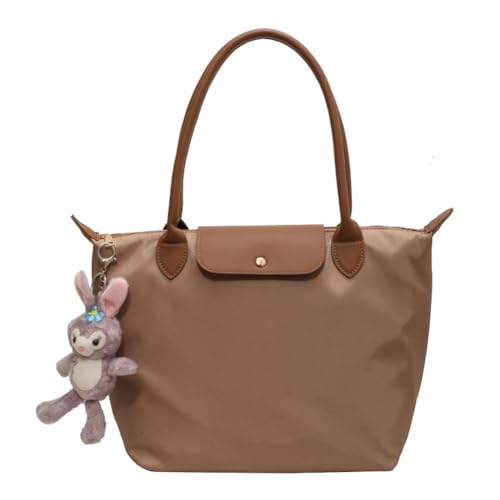 Youlity Schultertasche für Damen Nylon Handtasche mit Tragegriff oben Hobo Shopper Tote Bag mit Reißverschluss und Nette Anhänger Umhängetasche für Reise Strand Schule Arbeit Wochenend (Khaki) von Youlity
