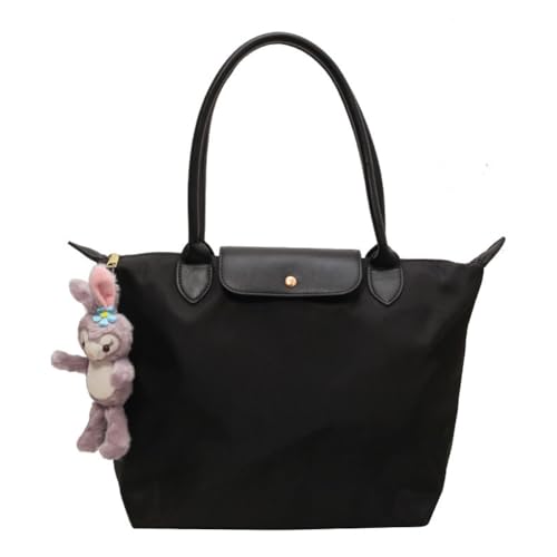 Youlity Schultertasche für Damen Nylon Handtasche mit Tragegriff oben Hobo Shopper Tote Bag mit Reißverschluss und Nette Anhänger Umhängetasche für Reise Strand Schule Arbeit Wochenend (Schwarz) von Youlity