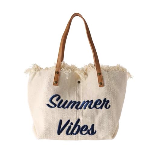 Youlity Strandtasche Damen Canvas Handtasche Sommer Tote Tasche mit Quasten Badetasche Top-Griff Schultertasche Shoppertasche Schwimmbad Beach Bag für Strand Reisen Urlaub Pool (Beige Weiß) von Youlity