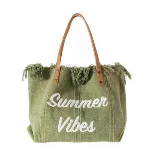 Youlity Strandtasche Damen Canvas Handtasche Sommer Tote Tasche mit Quasten Badetasche Top-Griff Schultertasche Shoppertasche Schwimmbad Beach Bag für Strand Reisen Urlaub Pool (Grün) von Youlity