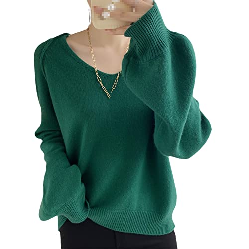 100% Australien Merinowolle Pullover Damen V-Ausschnitt Strickpullover Solid Pullover Tops, Gn, M von Youllyuu