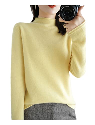 100% Kaschmir Pullover Damen Halber Rollkragen Pullover Solid Langarm Strickpullover Top, gelb, S von Youllyuu