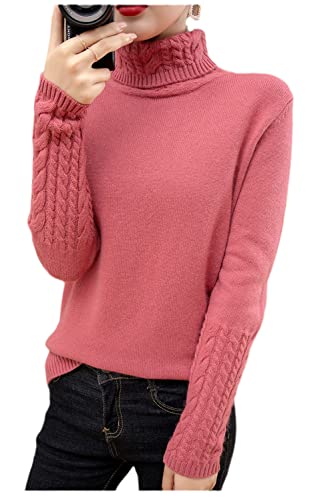 100% Kaschmir Pullover Damen Rollkragen Pullover Sweater Knopf Solide Strickpullover Tops, Grapefruitrot, S von Youllyuu