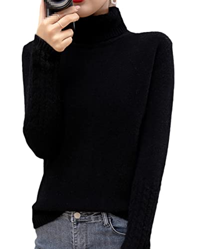 100% Kaschmir Pullover Damen Rollkragen Pullover Sweater Knopf Solide Strickpullover Tops, Schwarz , XL von Youllyuu