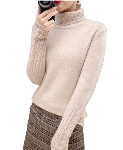 100% Kaschmir Pullover Damen Rollkragen Pullover Sweater Knopf Solide Strickpullover Tops, beige, S von Youllyuu