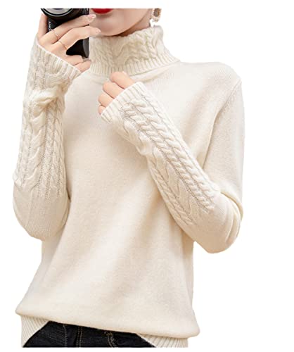 100% Kaschmir Pullover Damen Rollkragen Pullover Sweater Knopf Solide Strickpullover Tops, weiß, M von SilkTem