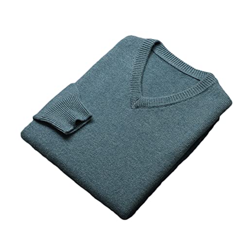 100% Kaschmir V-Ausschnitt Pullover Herren Dicker Strickpullover Tops Solid Warm Base Shirt, Bluestone Gn, X-Large von Youllyuu