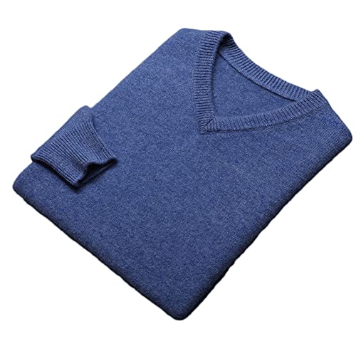 100% Kaschmir V-Ausschnitt Pullover Herren Dicker Strickpullover Tops Solid Warm Base Shirt, blau, XX-Large von Youllyuu