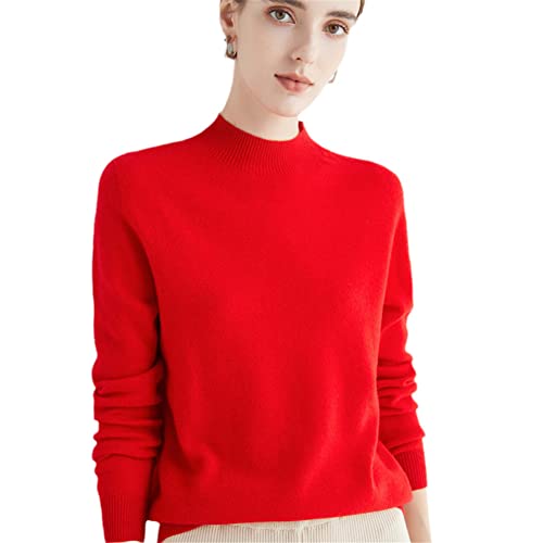 100% Merinowolle Pullover Sweater One-Line Fertig Damen Stehkragen Strickpullover Solid Tops, rot, M von Youllyuu