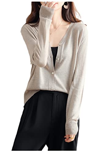 Australian Cashmere Cardigan Damen Dünn Solid Langarm V-Ausschnitt Strick Kurz Sweater, aprikose, XL von Youllyuu