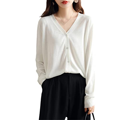 Australian Cashmere Cardigan Damen Dünn Solid Langarm V-Ausschnitt Strick Kurz Sweater, weiß, L von Youllyuu
