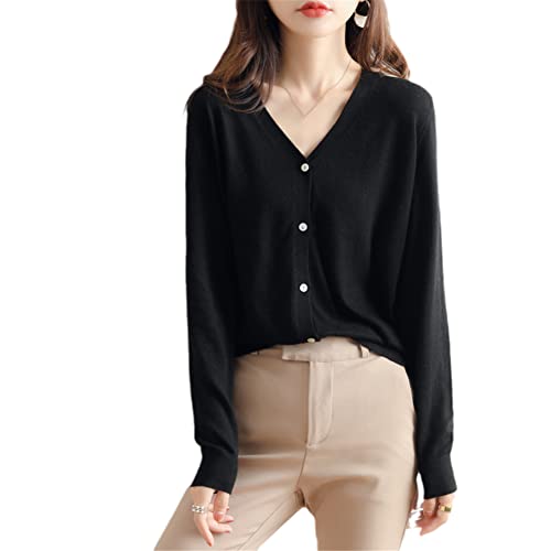 Australian Cashmere Cardigan Damen Dünner Solid Langarm V-Ausschnitt Strick Kurzer Pullover, Schwarz , XL von Youllyuu
