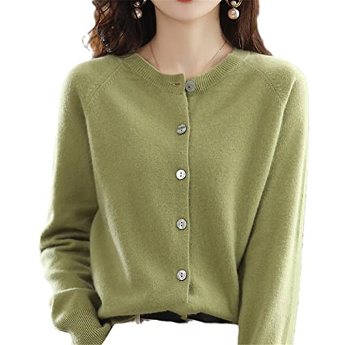 Australian Cashmere Cardigan Damen Jacke Solid Rundhals Kaschmir Pullover Mantel, Gras Gn, L von Youllyuu