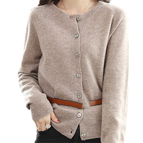 Australian Cashmere Cardigan Damen Jacke Solid Rundhals Kaschmir Pullover Mantel, khaki, M von Youllyuu