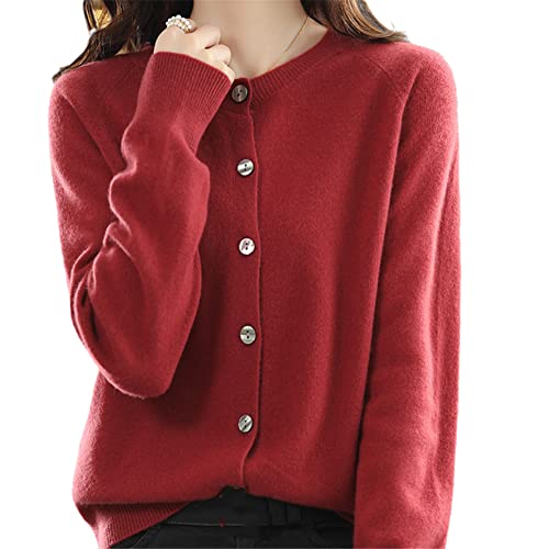 Australian Cashmere Cardigan Damen Jacke Solid Rundhals Kaschmir Pullover Mantel, ziegelrot, L von Youllyuu