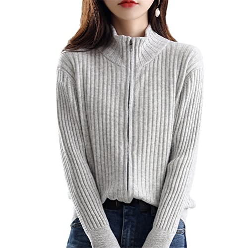 Australian Cashmere Cardigan Damen Stehkragen Reißverschluss Pullover Mantel Solide Jacke, grau, M von Youllyuu