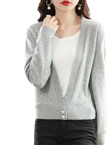 Australian Cashmere Cardigan Damen V-Ausschnitt Dünner Kurzer Mantel Solid Kaschmir Schal Pullover, hellgrau, S von Youllyuu