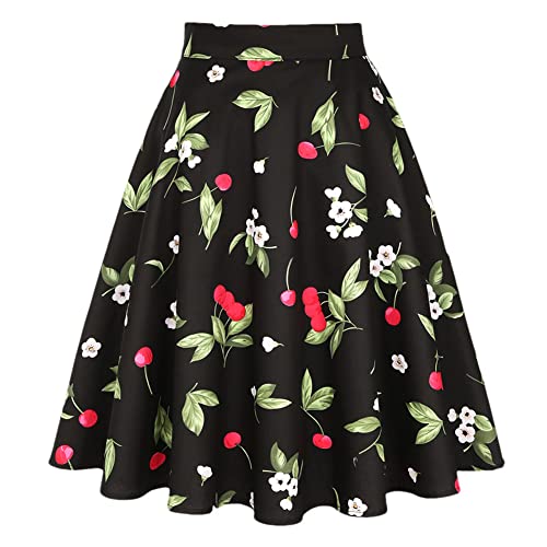 Baumwoll-Rock mit Blumenmuster im Retro-Stil, Vintage-Stil, für Damen, Sommer, Punk-Röcke, 20 schwarze Kirsche, 40 von Youllyuu