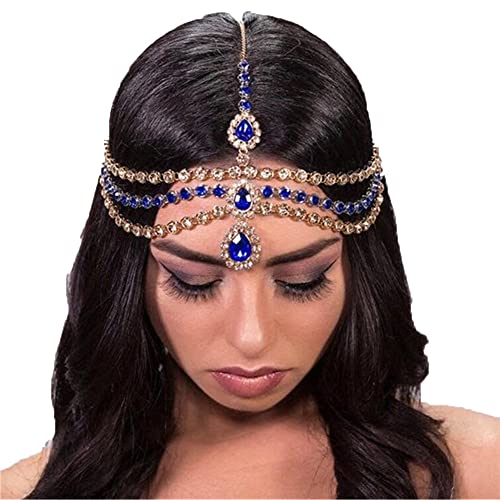 Boho-Stirnband mit Strass, für Damen, Haarclip, Diadem im indischen Bohemian-Stil, goldfarben, dunkelblau von Youllyuu