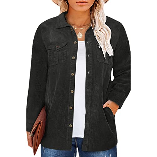 Damen Cordblusen Langarm Vintage Shirt Solid Casual Lose Blusen, Schwarz , Small von Youllyuu