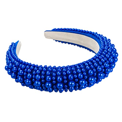 Damen Handgefertigte Perlen Bankett Haarband Barock Schwamm Vollperlen Stirnbänder Haarreifen Kopfbedeckung Blau von Youllyuu