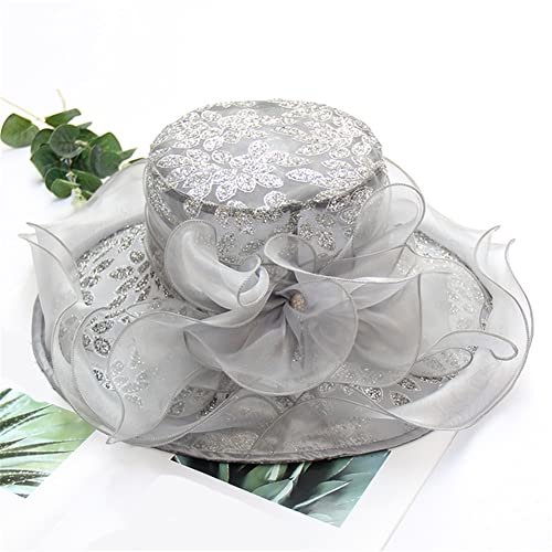 Damen-Organza-Derby-Hüte mit breiter Krempe, Reise-Sonnenhüte, Blumen, Hochzeit, Kirche, Party, Fedoras-Hut von Youllyuu