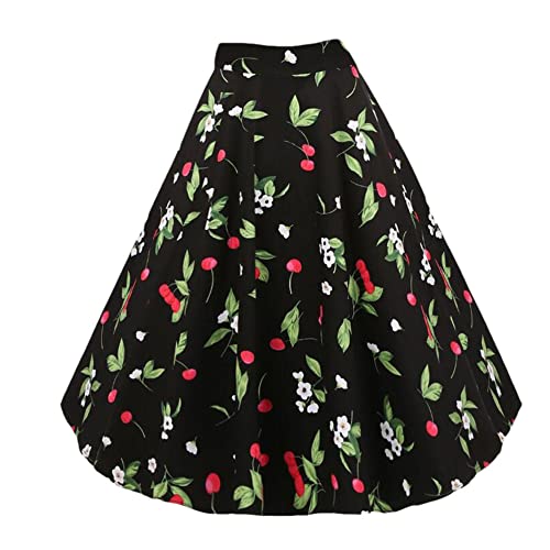 Damen Rock Baumwolle Vintage Retro Swing Kirsche Rock Hohe Taille Blumendruck Sommer Rock, Blackcherry, 48 von Youllyuu