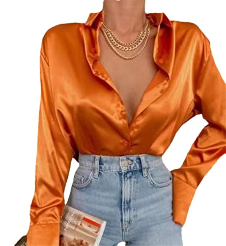 Damen Seidenbluse Langarm Button Down Satin Blusen Casual Solid Shirts Tops, Orange, Large Damen Seidenbluse Langarm Button Down Satin Blusen Casual Solid Shirts Tops, Orange, Large von Youllyuu