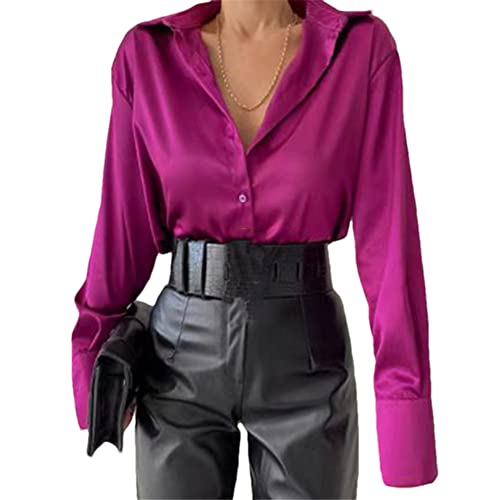 Damen Seidenbluse Langarm Button Down Satin Blusen Casual Solid Shirts Tops, fuchsia, X-Large von Youllyuu