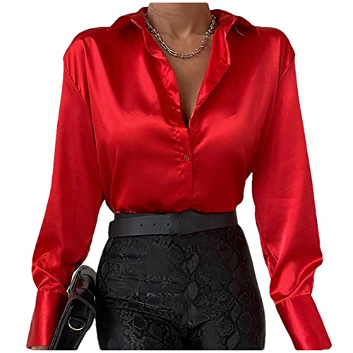 Damen Seidenbluse Langarm Button Down Satin Blusen Casual Solid Shirts Tops, rot, X-Large von Youllyuu