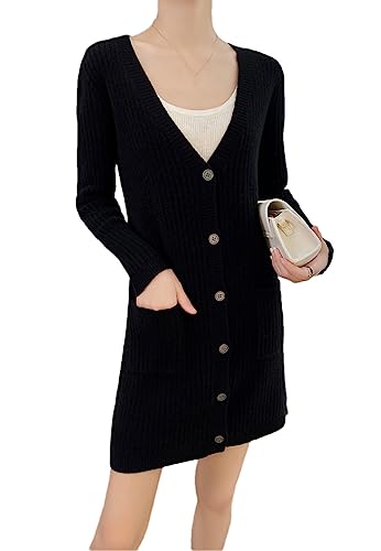 Damen-Strickpullover aus 100% Wolle in mittlerer Länge, schmale Strickjacke mit V-Ausschnitt und Knopfleiste Black XL von Youllyuu