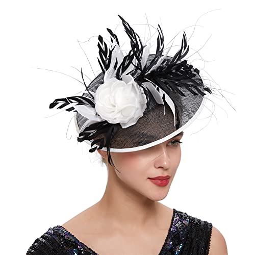 Derby Hats Frauen Sinamay Fascinatoren mit Vogelkäfig-Schleier Hochzeit Kirche Blume Feder Kopfschmuck von Youllyuu