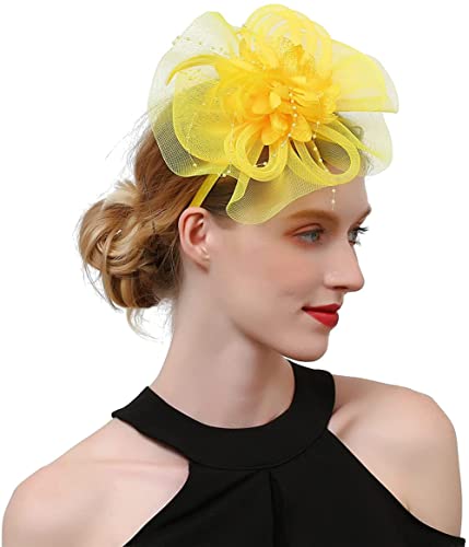 Fascinator-Hut für Damen, Blume, Netzbänder, Federn, Fedoras, Hut, Clip, Stirnband, Cocktail, Headwewar von Youllyuu