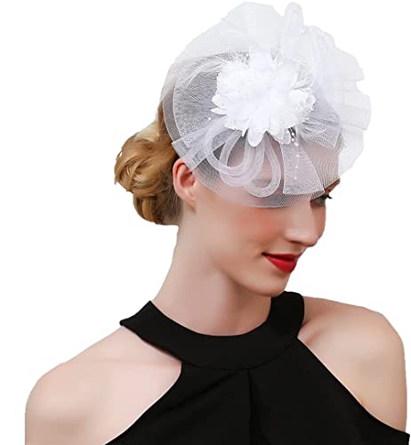 Fascinator-Hut für Damen, Blume, Netzbänder, Federn, Fedoras, Hut, Clip, Stirnband, Cocktail, Headwewar von Youllyuu