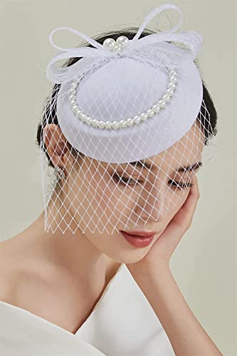 Fascinator für Brautschleier, für Damen, Teeparty, Derbyhut, Pillbox, Hut, Feder, mit Perle von Youllyuu