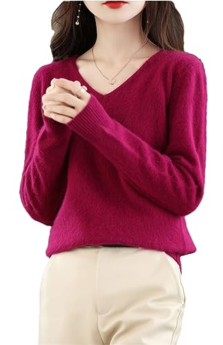 Herbst Winter Damen Pullover mit V-Ausschnitt, 100% Nerz-Kaschmir-Strickpullover, lässiger, Solider Pullover Burgundy L von Youllyuu