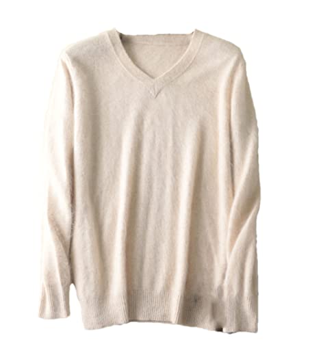 Herren 100% Nerz Kaschmir Pullover Große Größe Solid V-Ausschnitt Casual Strickpullover Basic Pullover, beige, XXXL von Youllyuu