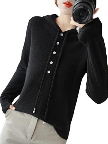 Kapuzenpullover 100% Merinowolle Pullover Strickpullover Tops Kaschmir Solid Pullover Pullover Sweater, Schwarz , L von Youllyuu